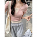 L&uuml;hikeste varrukatega T-s&auml;rk Suvised naiste &otilde;hukesed V-kaelusega topid S roosa