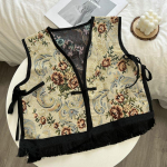 Elegantsed rahvusliku stiiliga elegantsed vestid, naiste lilleprinteriga vanaaegsed t&auml;navar&otilde;ivad vabaaja varrukateta r&auml;tik tikandid lahtised retrov&auml;rvi uued &uuml;ler&otilde;ivad topid Riided One Size beež