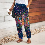 Naiste 3D-roosa kristalllilleprinteriga p&uuml;ksid, paelad, elastne v&ouml;&ouml;koht, vabad p&uuml;ksid vabaaja pikad p&uuml;ksid taskutega p&uuml;ksid XS sinine