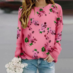 Topid naistele Ilus roosimustriline &uuml;mmargune kaelus pikkade varrukatega T-s&auml;rk Fall Casual Slim Pullover naiste pikkade varrukatega top XS roosa