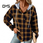 S&uuml;gistalvine naiste kapuutsiga mantel ruuduline &uuml;hev&auml;rviline &otilde;mblemine kapuutsiga, n&ouml;&ouml;riga plaaster, tasku pikkade varrukatega &uuml;herealine kampsun jakk L