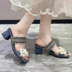Moodsad naiste paksud teksist lillelised sussid Naiste sandaalid Kleit Suvised pl&auml;tud Kingad Suvine mood K&otilde;rgekontsakingad Uued naiste Zapatos libisevad 36 sinine