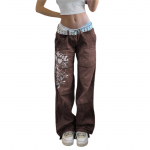Naiste Harajuku Prindiga Teksap&uuml;ksid Lilleprindiga Vintage Esteetika Kottis Sirged P&uuml;ksid Grunge Vabaaja Komplektid P&uuml;ksid Streetwear Y2k S pruun