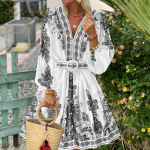 LYRIA Naiste Mood Uus Sinine Tr&uuml;kis V-kaelus Pikkade Varrukatega Boheemlaslik Kleit Elegantne Naiste V&ouml;&ouml; Laterna Varrukad Puhkuse Vestidos S must