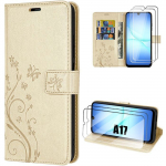 Coque de Protection - BOOLING - Samsung Galaxy A17 4G/5G - Cuir PU Floral Dor&eacute; - 2 Verres Tremp&eacute;s