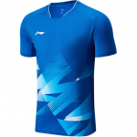 Li Ning &uuml;mara kaelusega logoprindiga l&uuml;hikeste varrukatega sulgpallis&auml;rk unisex topid mineraalsinine AAYU233-4 M