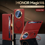 Kvaliteetne ehtsast nahast &uuml;mbris Honor Magic V6 jaoks, 360&deg; p&ouml;&ouml;rleva aluse ja nutiaknaga k&otilde;nedele vastamiseks, objektiivi kaitsekattega Genuine Leather&Honor Magic V6 punane