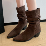 2025 Keskmise kontsaga pahkluusaapad naistele Moodsad seemisnahast talvesaapad Elegantsed l&uuml;hikesed Chelsea saapad Uued trendid Kleitkingad Zapatillas 35 pruun