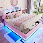 Nutikas pehmendatud voodi 180 x 200 cm LED-valgustuse, USB ja h&uuml;draulilise hoiuruumiga, pehme sametkate ja metallraamiga, roosa 220 x 180 x 107 cm roosa