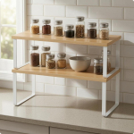 2 tk kahetasandiline lauapealne hoiuriiul Ristk&uuml;likukujuline 2-tasandiline lauaalus T&ouml;&ouml;tasapind Bambus Valge 4020cm Bamboo White 40-20cm 2-piece