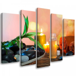Viieosalise pildiga l&otilde;uenditr&uuml;kk Zen Leaves Stones Candle 100x70 oranž