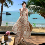 Suvehaldjas, p&uuml;hade stiilis rannapitsiga pikk kleit, suur seelik, seljata, prantsuse sling, tr&uuml;kiga pikk kleit S beež