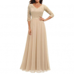 Naiste V-kaelusega 3/4 varrukatega kleit, heegeldatud pitsv&otilde;rk, &otilde;mmeldud k&otilde;rge v&ouml;&ouml;kohaga A-jooneline maksikleit seljata &uuml;hev&auml;rviline pikk kleit L &scaron;ampanjav&auml;rvi