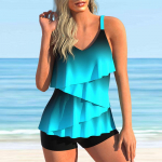 Naiste ujumisriided Tankini 2-osaline ujumistrikoo, sinine lootoseleheline gradienttr&uuml;kiga supluskost&uuml;&uuml;mid 6XL sinine