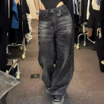 Vintage mustad laia s&auml;&auml;rega teksad Naiste Suured High Street Korea mood kottis teksap&uuml;ksid Grunge Y2k naiste hiphop XXXXL must