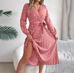 S&uuml;gistalvine naiste pikkade varrukatega t&auml;piline plisseeritud k&otilde;rge v&ouml;&ouml;koht Line pikk kleit M roosa