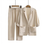 Naiste &uuml;likond, puuvillane ja linane mantel, p&uuml;ksid, vabad taskud, moodne vabaaja kaheosaline komplekt XXXL beež