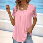 Suurus S-5XL Elegantne plisseeritud ruudukujuline kaelus, pitsiline T-s&auml;rk, naiste &uuml;hev&auml;rviline l&uuml;hikeste varrukatega s&auml;rgid, suvised naiste vabaaja topid. 5XL