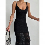 Elegantne kudum-jacquard rihmaga naiste pikk kleit, &uuml;hev&auml;rviline, taga avatud, kitsas, liibuv, daami pikad kleidid, suvine, puusale &uuml;mberminev, hommikumantel S must