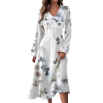 Naiste s&uuml;gis- ja talvine vabaajamoodne V-kaelusega pikkade varrukatega pikk kleit L must