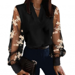 Patchwork v&auml;rviga kontoris&auml;rk V-kaelusega pitsliistud L&auml;bipaistva puhvis varrukatega pluus Lahti istuv elegantne pullover tops 2XL