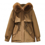 Talvine naiste jope karvane kapuuts Pikad varrukad polsterdatud pingutusn&ouml;&ouml;riga v&ouml;&ouml;taskud puuvillane mantel T&otilde;mblukk keskmise pikkusega &uuml;hev&auml;rviline tuulekindel soe mantel M khaki