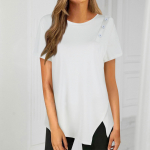 Button Detail Curvy Hem T-shirt, Short Sleeve Round Neck Casual Top, Women's Clothing L must