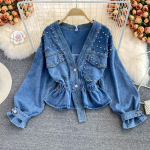 Naiste teksajakk Kevadine ja s&uuml;gisene lahtine Bf Fashion helmestega V-kaelusega l&uuml;hike v&ouml;&ouml;kohaga jope one size sinine