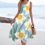 Naiste vabaaja mood &uuml;mara kaelusega varrukateta vintage lilleprind ebakorrap&auml;rase &auml;&auml;rega keskmise pikkusega kleit L sinine