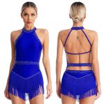 Naiste Rhinestone ladina tantsu trikoo narmastega salsa cha-cha Rumba peotantsu kost&uuml;&uuml;m, kokteilikleit S kuninglik sinine v&auml;rv