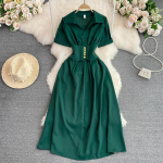 Kommid V&auml;rvid Suvine Solid Roheline Roosa Midi S&auml;rg Kleit Elegantne Prantsuse Polo Kaelus Vabaaja Kleit Peokleit A Line Kleidid SR464 One Size tumeroheline v&auml;rv