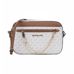 MICHAEL KORS Jet Set Presb&uuml;oopia Tr&uuml;kitud Retro T&auml;htedega Logo Kett Veisenahk PVC Kaamerakott Crossbody &Otilde;lakott Suur Naiste Vaniljekarva pruun