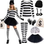 Naiste Halloweeni Varga Kost&uuml;&uuml;mikomplekt Sisaldab Triibulist Pikkade Varrukatega S&auml;rki Seelikut Kindaid Sokke Maski M&uuml;tsi Rahakotti ja M&auml;nguraha Peoks One Size must