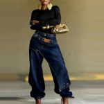 retro Naiste Spleissitud Teksap&uuml;ksid High Street v&otilde;lts Kaheosalised Keskmise V&ouml;&ouml;kohaga Pestud L&otilde;dvad Laiad S&auml;&auml;rega Denim P&uuml;ksid Hip Hop Teksap&uuml;ksid S tumesinine v&auml;rv