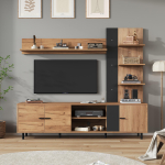 187,5*40*167cm Televiisori seinakappide komplekt vitriinkapi, televiisorialuse, 3 kapi, avatud riiulitega, TV-le kuni 80', puiduv&auml;rvi + must 187.5 x 40 x 167 cm