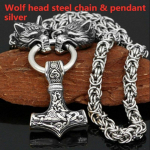 P&otilde;hjamaade meeste 316L roostevabast terasest Viking Wolf Head teraskett ja Thor's Hammer Mjolnir ripats kaelakee Viking meeste amulett ehteid kingitus h&otilde;be