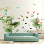 Pvc Lotus Carp Flying Bird Seinakleebised Hiina stiilis vin&uuml;&uuml;lsein Isekleepuv tapeet Magamistoas #2pcs 60x90cm typesetting