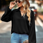 S&uuml;gisene soliidne V-kaelusega naiste s&auml;rk vabaaja pikkade varrukatega pluus Naiste talvetopid Mood Naiste Elegantne Blusas Riietus 23923 S must