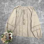 Johnature Spring Summer Hollow Out vabaaja naiste topid Vintage Mori lahtised O-kaelusega tutid Lihtsad &uuml;hev&auml;rvilised naiste pluusid One Size khaki