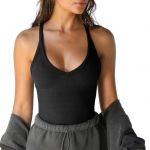 Naiste suvetopp madala l&otilde;ikega V-kaelusega varrukateta elastne kootud pehme higi neelav &uuml;hev&auml;rviline Slim Fit sportlik paakitops M kohv