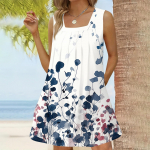 Naiste mood vabaaja ruudukujuline kaelusega varrukateta kleit, plisseeritud kleit, tr&uuml;kitud rannakleidid L sinine