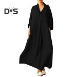 S&uuml;giskevadine naiste maksikleit A-joonega avara &auml;&auml;risega pikkade varrukatega V-kaelus, plisseeritud k&uuml;ljetaskutega Pullover Puhasv&auml;rviline igap&auml;evane kandekleit K&auml;ekotid M roosa