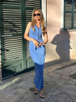 Suvine elegantne kootud &uuml;hev&auml;rviline 2-osaline komplekt naistele Seksikas vest-top + &Scaron;ikk &uuml;mberp&otilde;imitud pikk seelik Moodne sale &uuml;herealine kontoridaami &uuml;likond S sinine