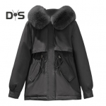 Talvine naiste jope karvane kapuuts Pikad varrukad polsterdatud pingutusn&ouml;&ouml;riga v&ouml;&ouml;taskud puuvillane mantel T&otilde;mblukk keskmise pikkusega &uuml;hev&auml;rviline tuulekindel soe mantel M kohv