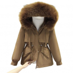 Pikad varrukad v&ouml;&ouml;koht pingutusn&ouml;&ouml;r t&otilde;mblukk nupud suletavad taskud naiste mantel Talvine kunstkarusnaha kapuutsiga fliisvoodriga keskmise pikkusega sulejope Naiste v&auml;lir&otilde;ivad M khaki