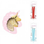 Kit pour biscuit en relief Licorne + 2 Stylos au chocolat rouge et bleu pastel