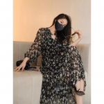 Uus prantsuse Hepburni stiilis kevadkleit naistele uusaasta teepausiks Platycodon must slim lilleline kleit S