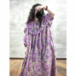 Suvine mere&auml;&auml;rne lilleprindiga puuvillane pikk kleit naiste vabaaja lahtise l&otilde;ikega laternvarrukatega volangidega &uuml;lem&otilde;&otilde;duline lapitehnikas kleit XXL lilla