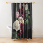 Lilleline du&scaron;ikardin Tume Roos Must Punane Rohelised Lehed V&auml;rviline Lill Liblikas Gooti Vannitoakardinad Vintage Vannitoadekor W90xH180cm