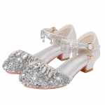 Girls' High Heels Princess Shoes Little Girl Dress Crystal Shoes Soft Sole silver Children's Fashion Show Performance Leather Shoes 38 h&otilde;be